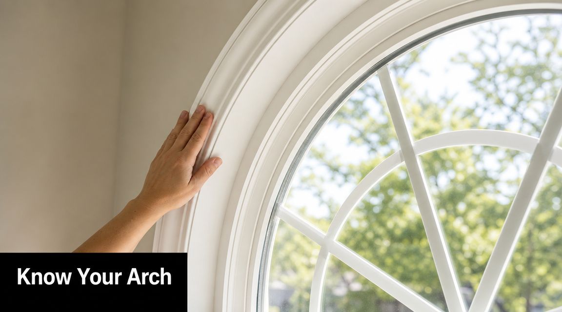 A person's hand touches the elegant white molding of an arched window with decorative muntins
