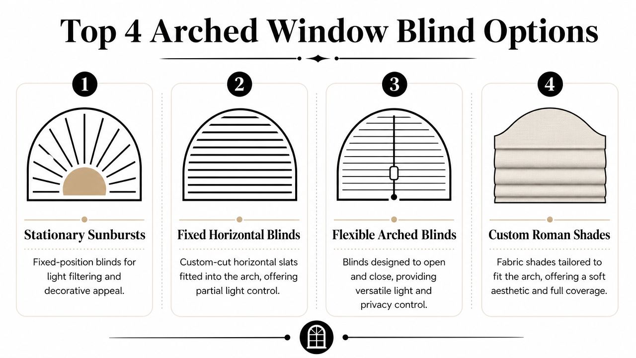 An infographic showing the top four options for arched window blinds including sunbursts and roman shades.