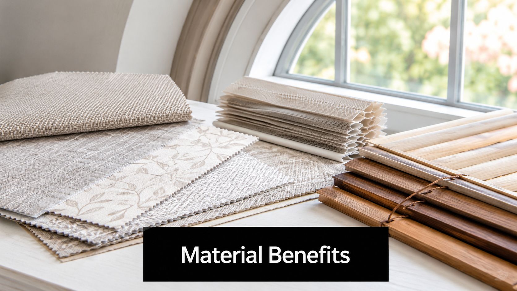 A display of fabric and wood window blind material samples sitting on a white windowsill.