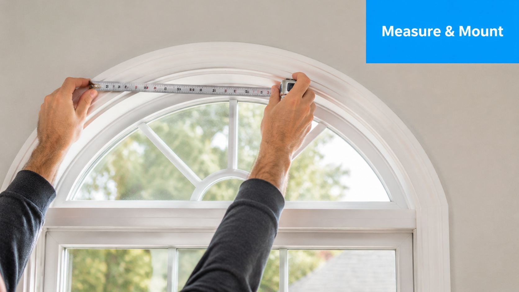 A person using a tape measure to get the dimensions of an arched window frame.