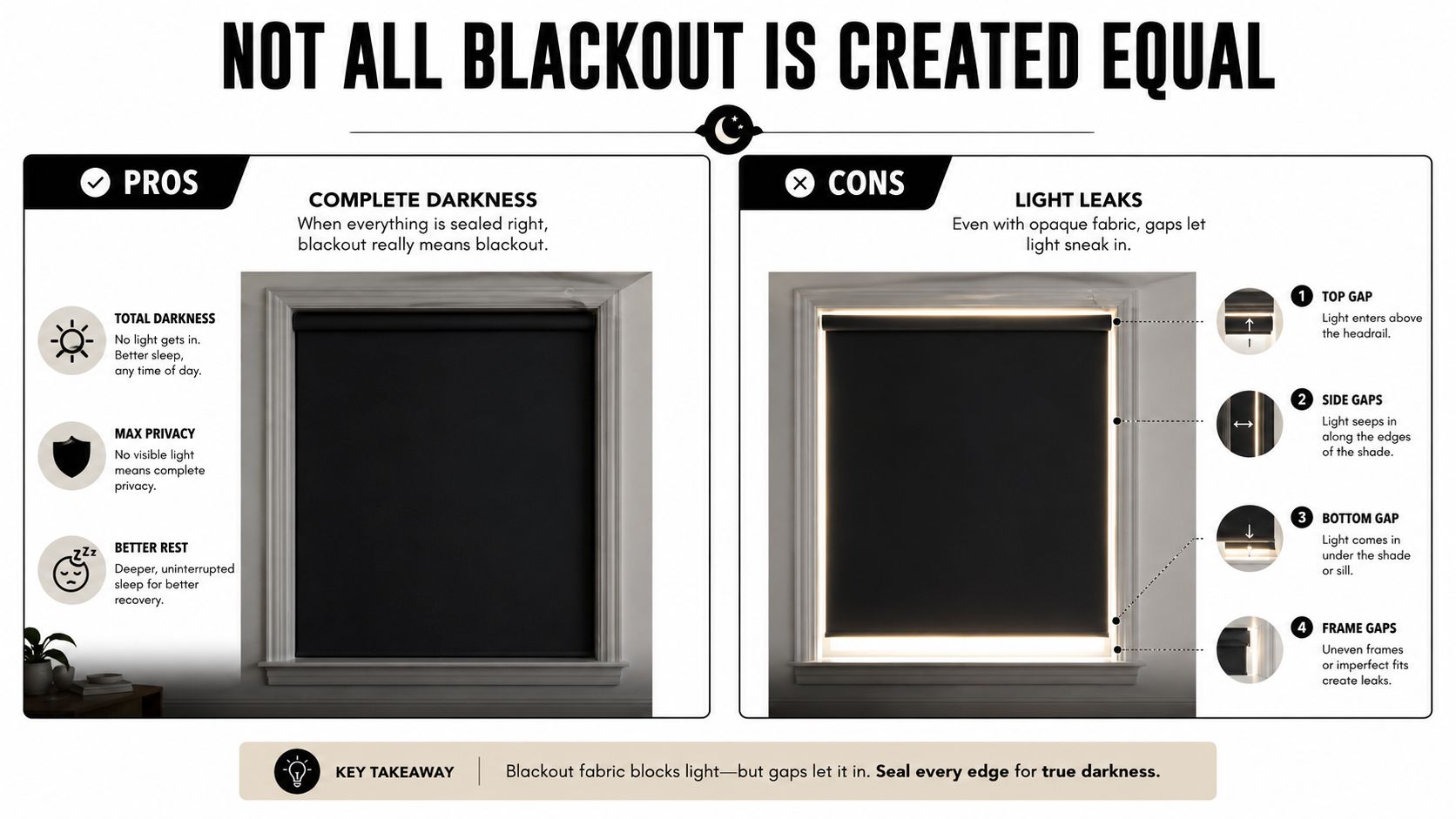 An infographic illustrating the pros and cons of blackout blinds, highlighting potential light leakage at window edges.