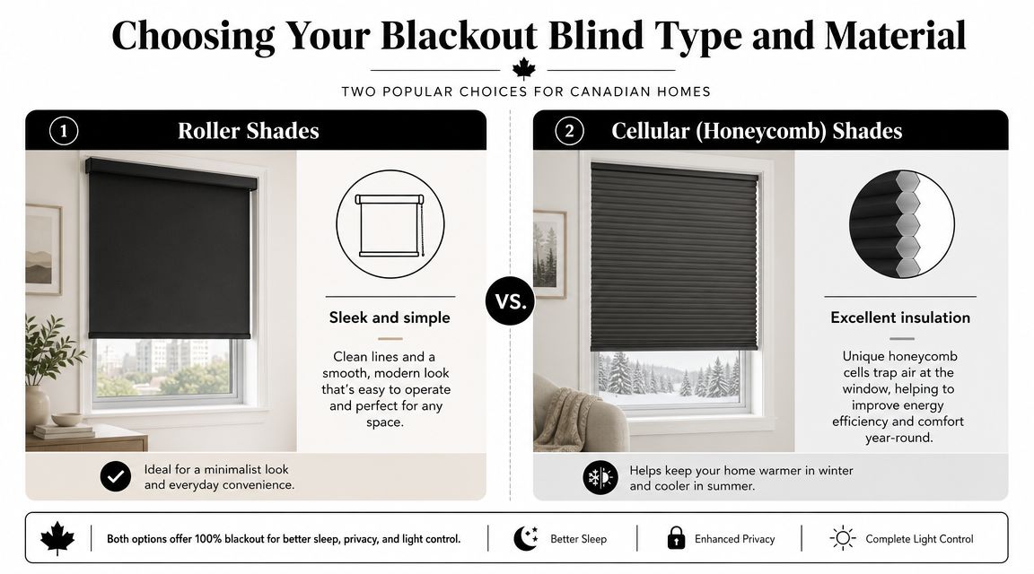 A comparison guide for choosing between roller shades and cellular honeycomb shades for blackout window treatments.