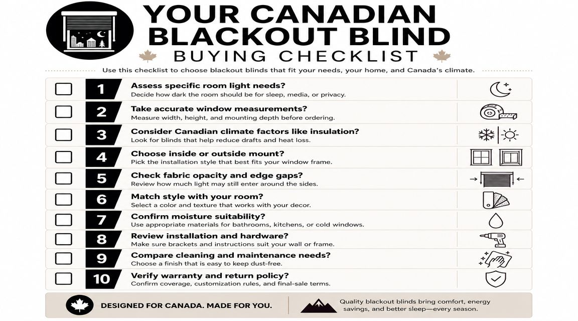 A 10-step checklist for buying blackout blinds in Canada to help with insulation and light control.