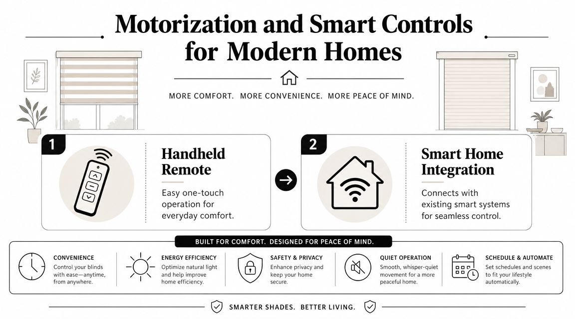 An infographic showing motorization and smart control options for home blinds with remote and smart system features.