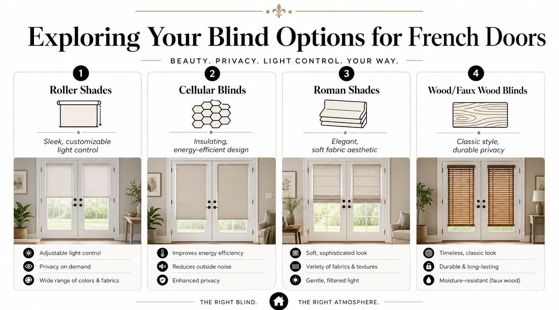 A comparison guide showcasing four types of blinds for French doors with descriptions and key benefits.