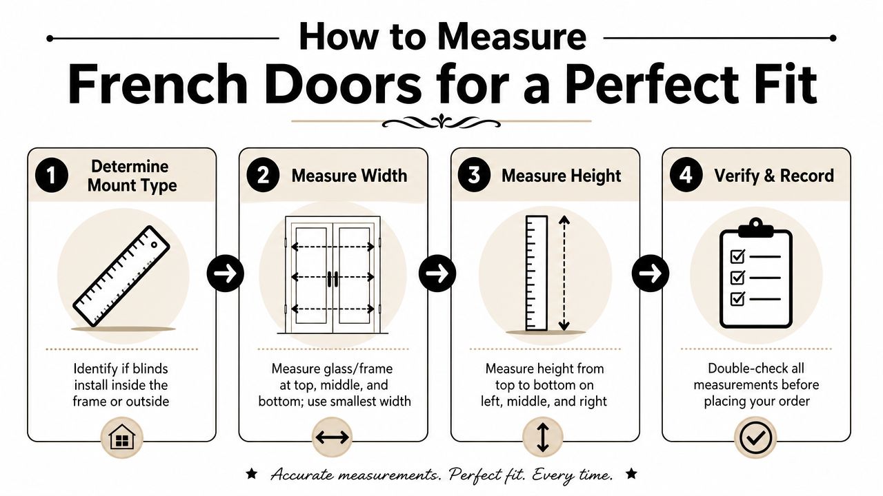 A four-step infographic showing how to accurately measure French doors for installing new blinds.