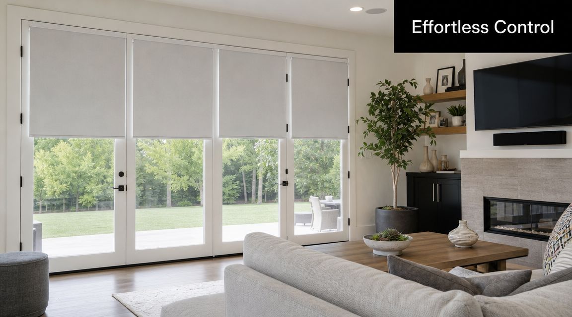 A modern living room with French doors featuring light grey roller blinds overlooking a green backyard.