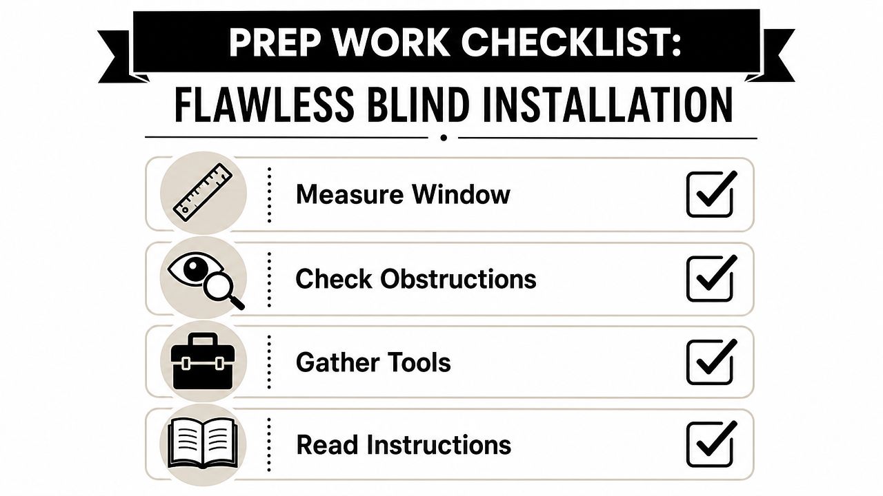 A checklist for installing window blinds, featuring steps to measure windows, check obstructions, gather tools, and read instructions.