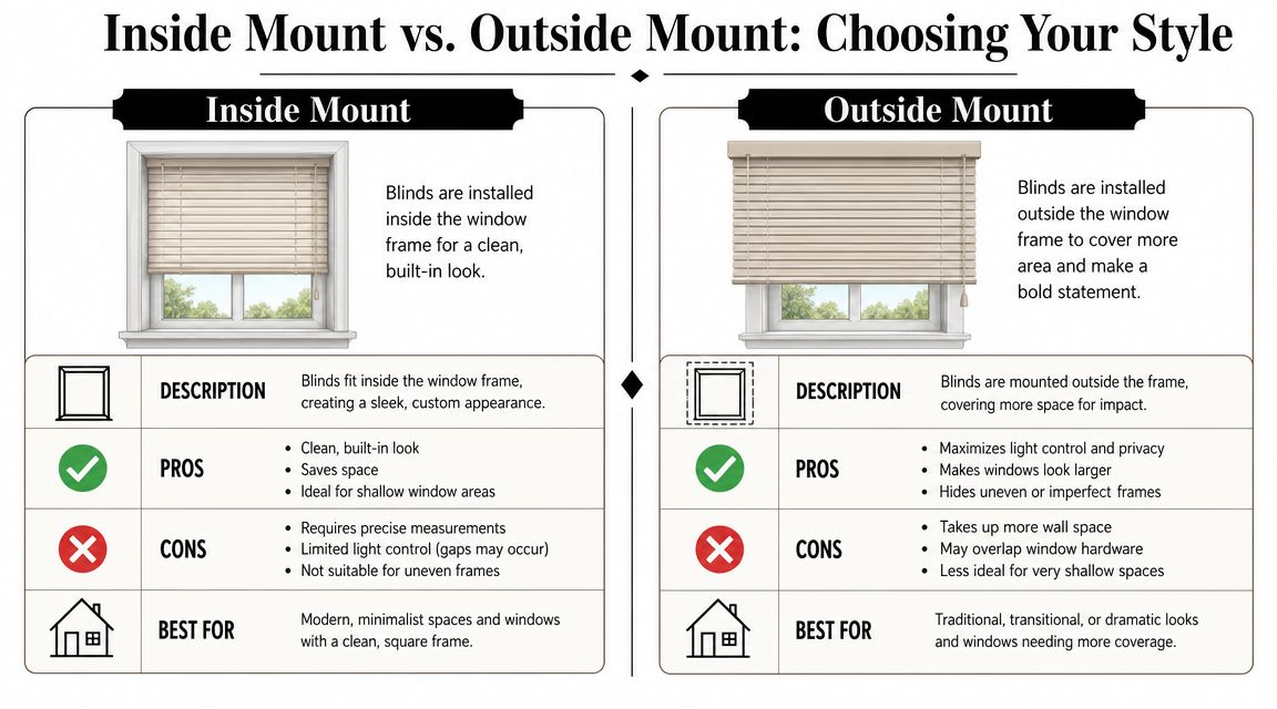 A comparison chart explaining the differences between inside mount and outside mount installations for window blinds.