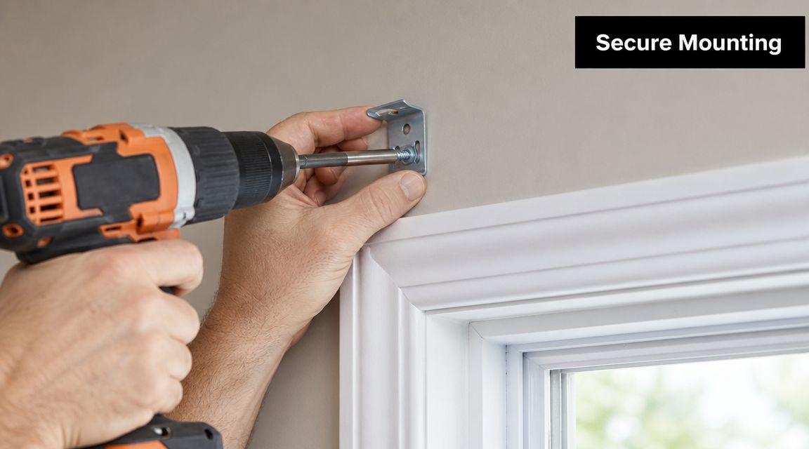 A close-up view of a person using a cordless power drill to mount a bracket onto a wall.