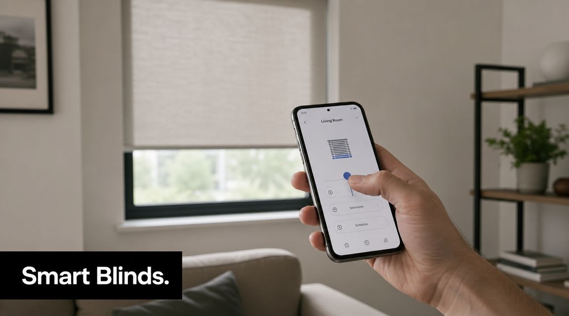A hand using a smartphone app to control smart window blinds in a modern living room setting.