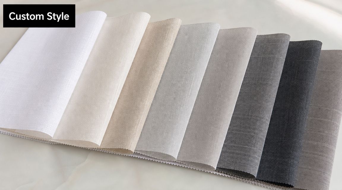 A collection of textured fabric swatches in various neutral shades of white, gray, beige, and black.