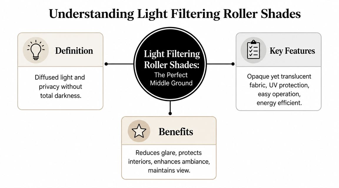 An infographic explaining the benefits, definition, and key features of light filtering roller shades for home interiors.