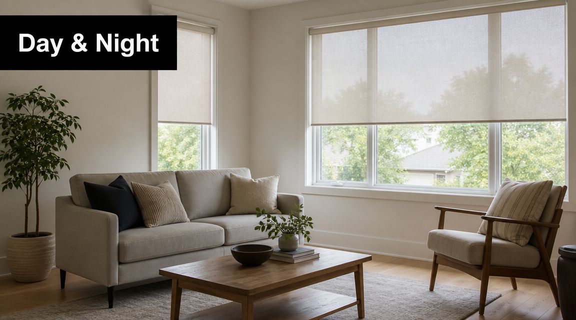 A modern living room featuring light filtering roller shades on windows and comfortable seating furniture.