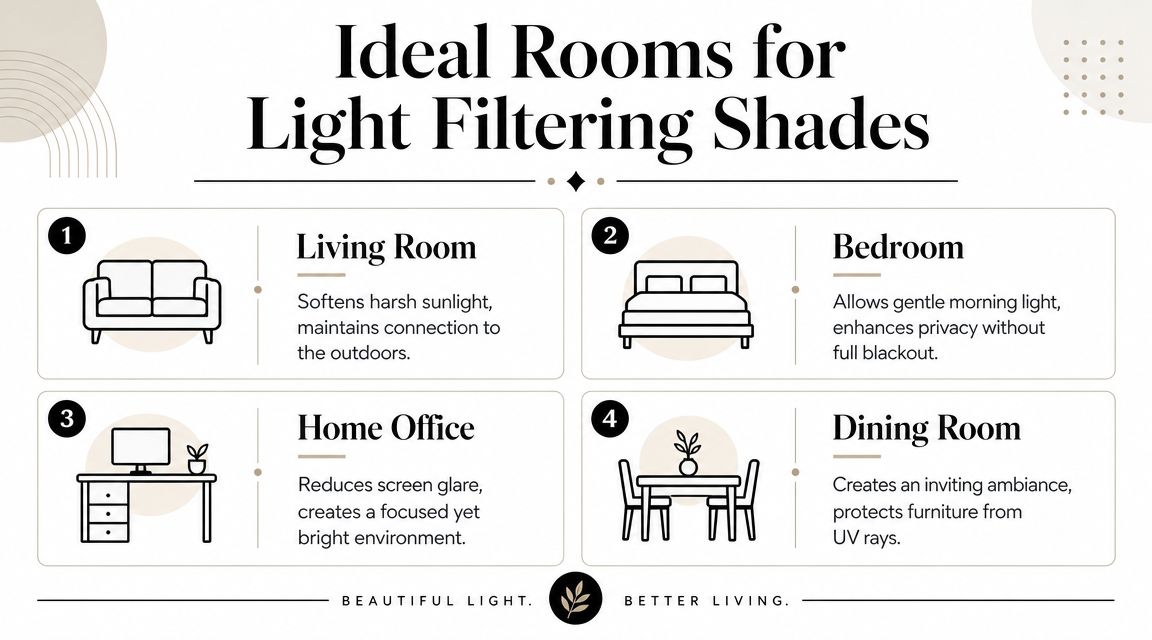 A graphic showing ideal rooms for light filtering shades, including living room, bedroom, home office, and dining room.