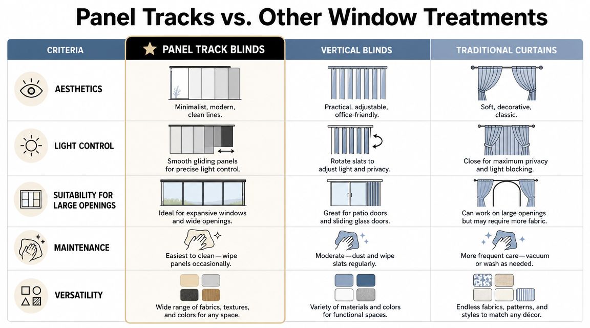 A comparison chart showing panel track blinds versus vertical blinds and traditional curtains for home window treatments.