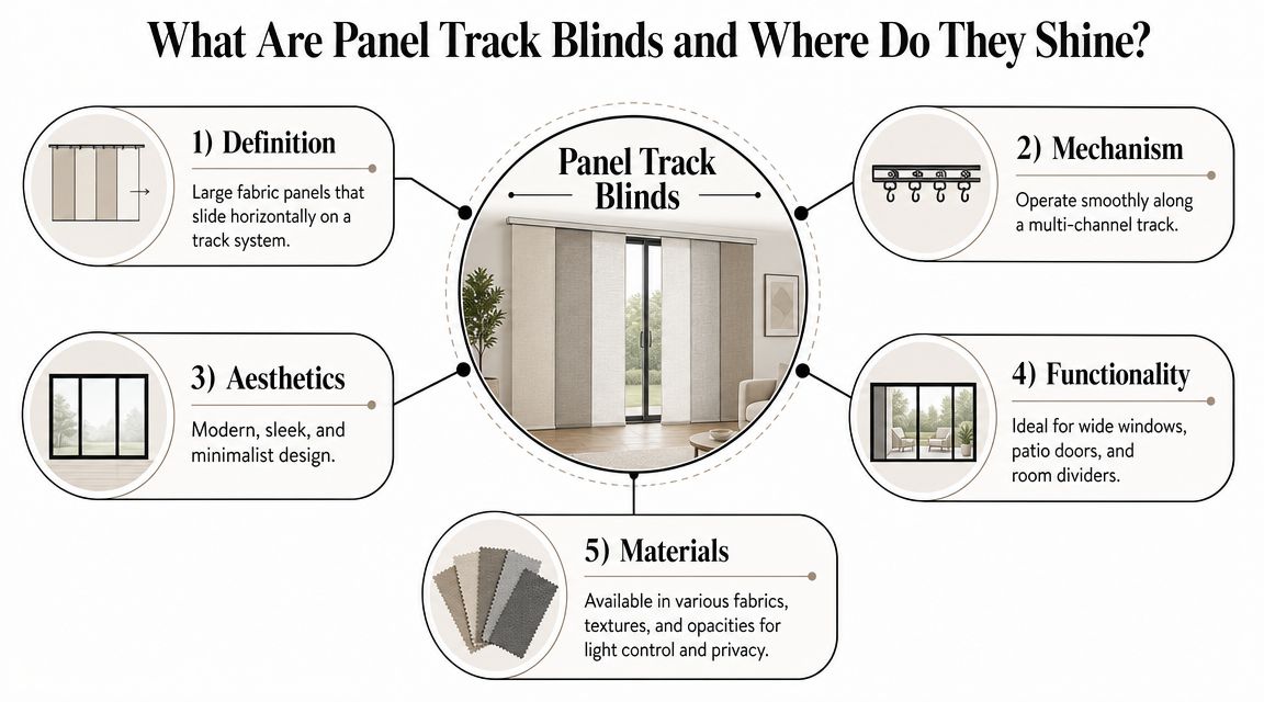 An infographic explaining the definition, mechanism, aesthetics, functionality, and materials of panel track window blinds.