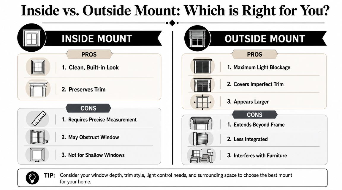 A comparison chart showing the pros and cons of inside mount versus outside mount window treatments.