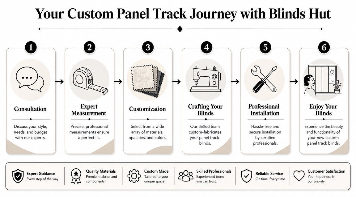 A six-step infographic detailing the custom process for ordering and installing panel track window blinds from Blinds Hut.