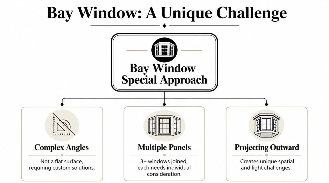 An infographic detailing the unique challenges of installing window treatments on bay windows with custom requirements.