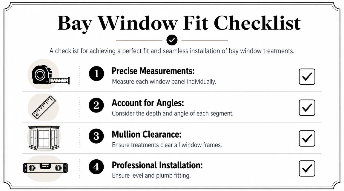 A checklist infographic titled Bay Window Fit Checklist with four essential steps for window treatment installation.