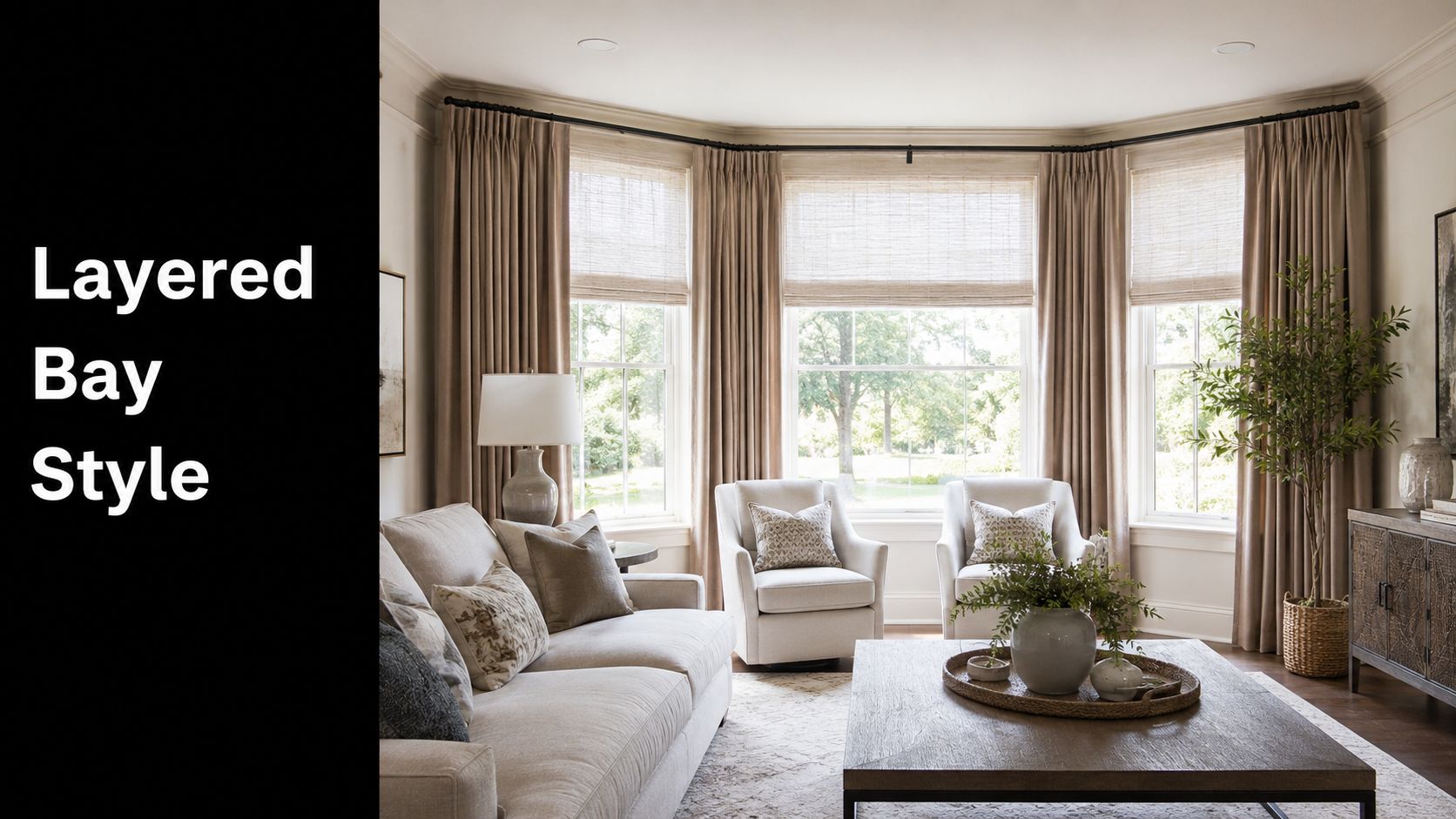 A bright living room featuring a bay window decorated with layered curtains and natural woven shades.
