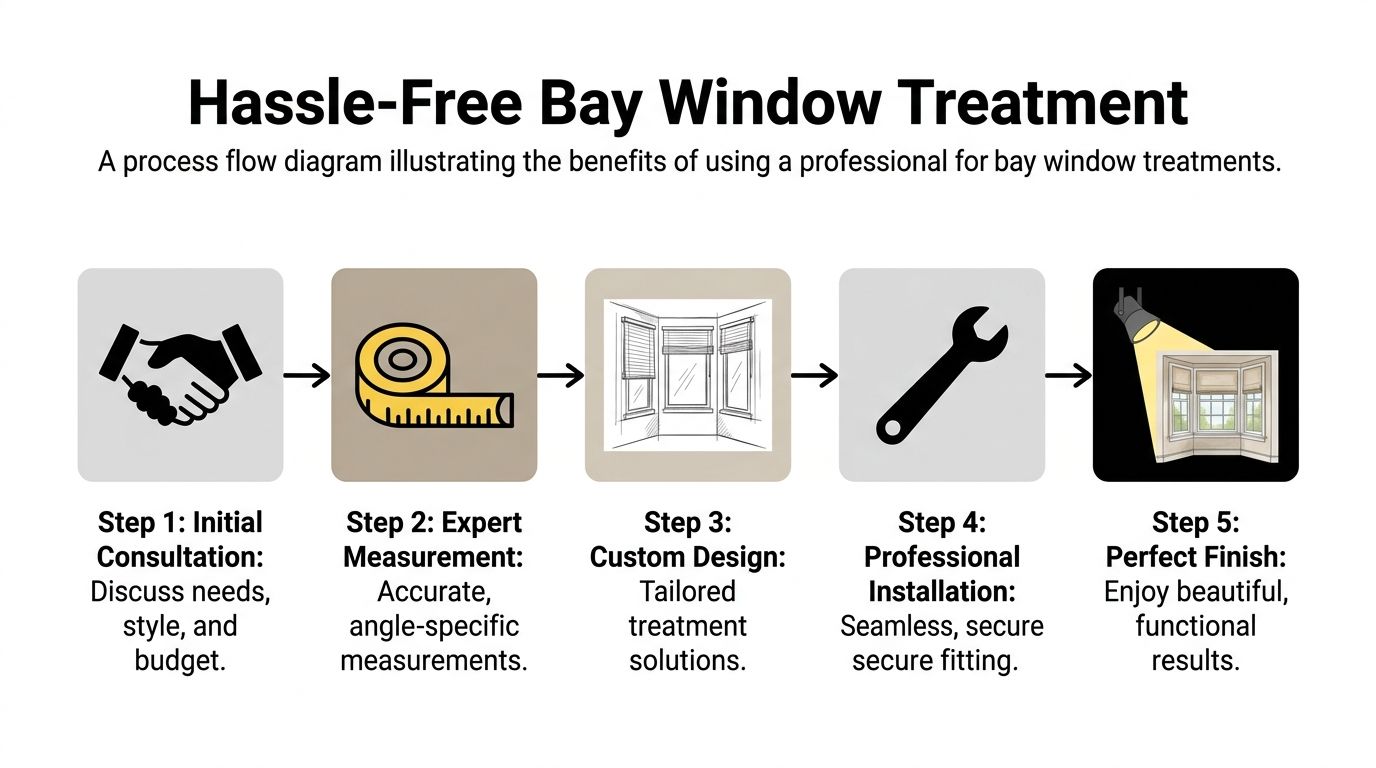 A five-step process flow diagram illustrating professional services for installing custom bay window treatments.