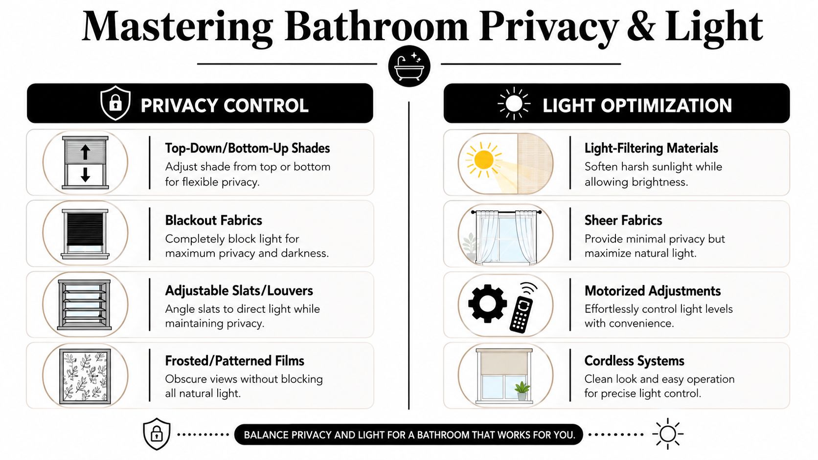 An infographic illustrating various bathroom window covering options to balance privacy and natural lighting requirements.