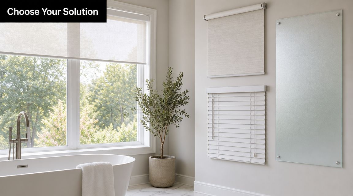 A modern bathroom scene showing a soaking tub and various window covering options mounted on the wall.