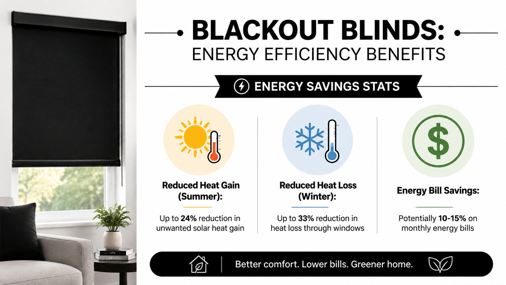 An infographic detailing the energy efficiency benefits of blackout blinds for reduced heat gain and energy savings.