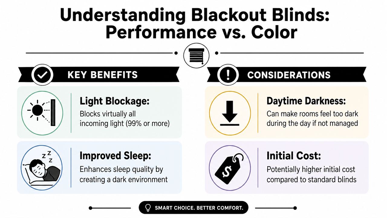 An infographic comparing the benefits and considerations of installing blackout blinds for better home comfort.