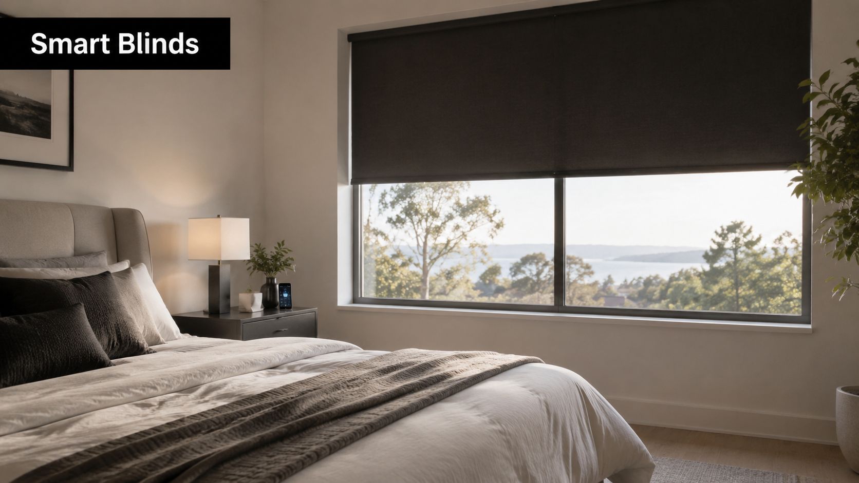 A modern bedroom with automatic smart blinds lowered over a large window overlooking a scenic lake view.