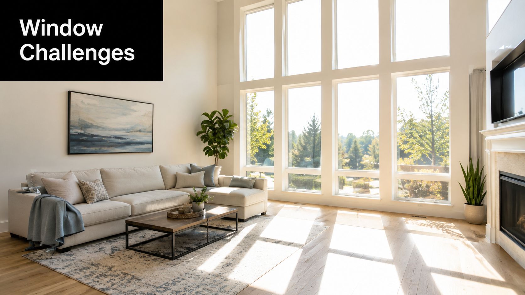 A bright, airy living room featuring large floor-to-ceiling windows with natural sunlight streaming across the floor.