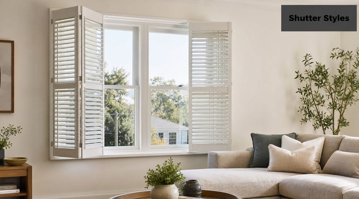 A bright modern living room featuring white custom window shutters installed on a large paneled window.