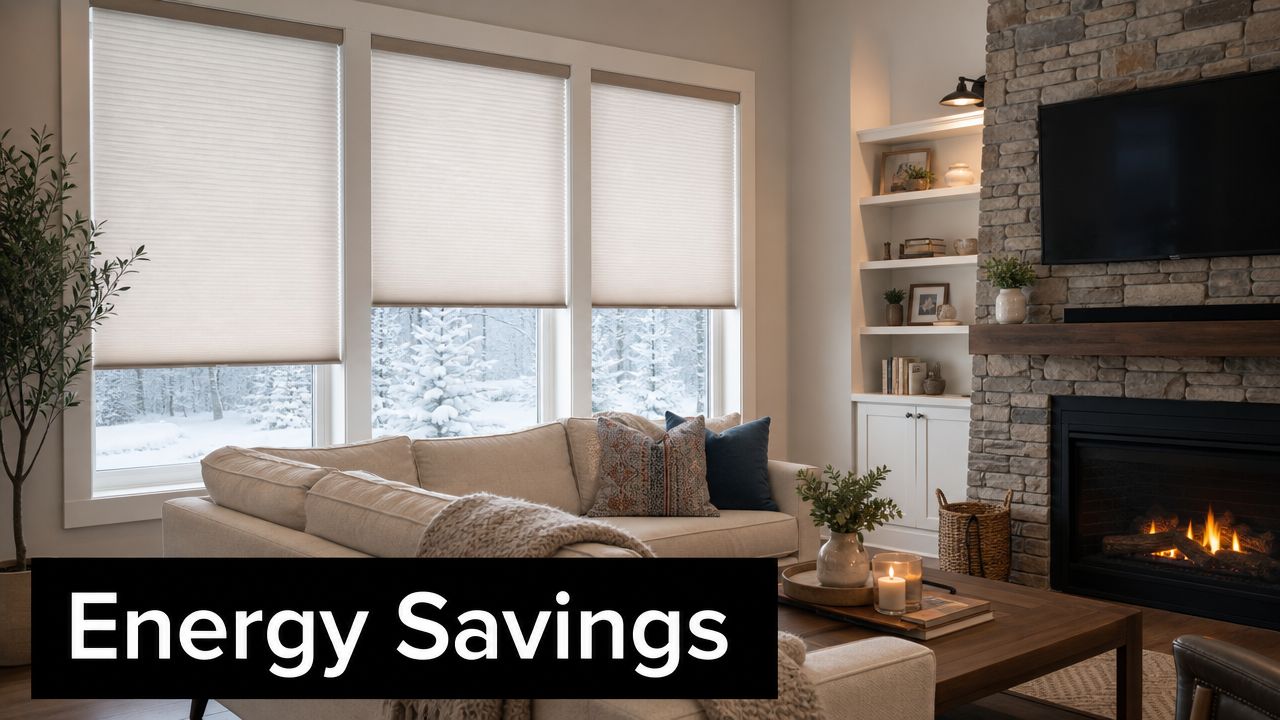 A cozy living room featuring energy efficient cellular shades installed on large windows during a snowy winter day.
