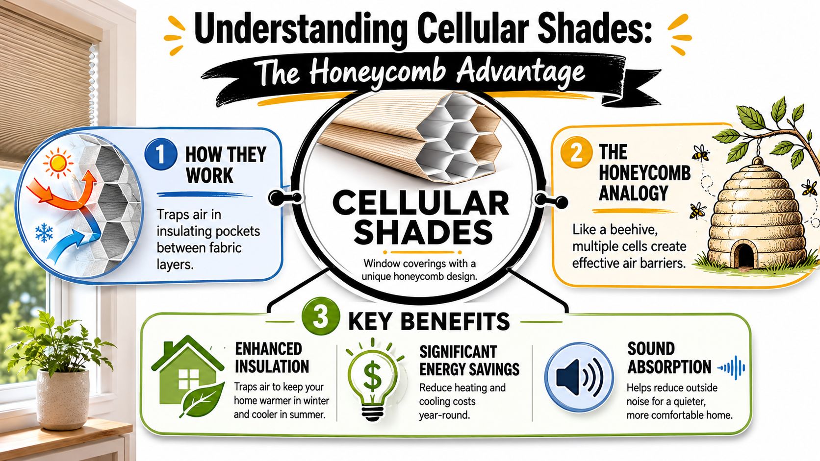 An infographic explaining how cellular shades work, their honeycomb design analogy, and key energy saving benefits.