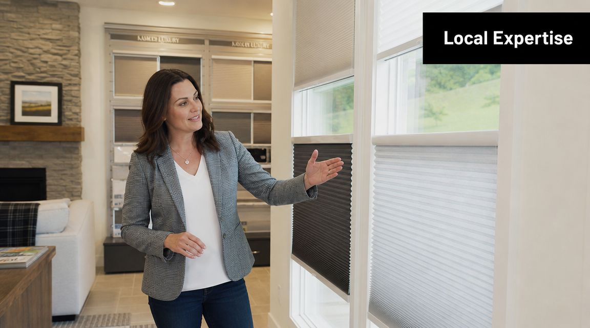 A professional woman showcasing various cellular shades inside a modern home showroom with stone fireplace.