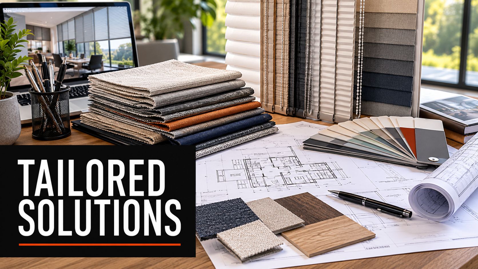 A professional interior design workspace featuring fabric samples, architectural blueprints, commercial window blinds, and office supplies.