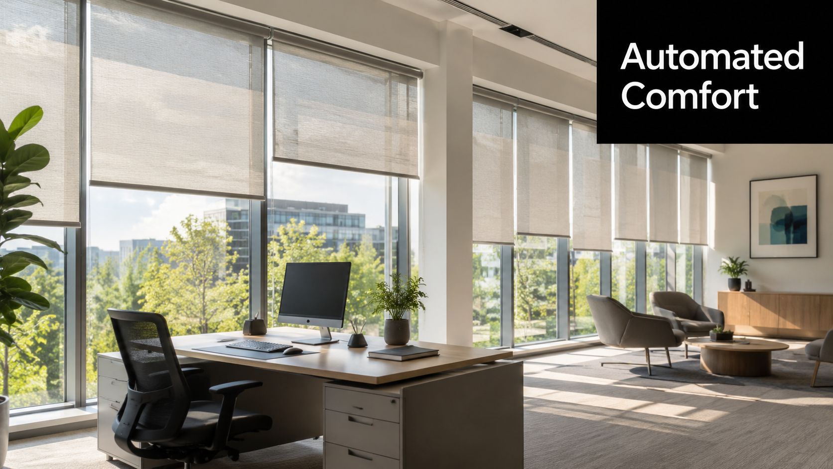 A modern office space featuring large floor-to-ceiling windows with automated light-filtering roller shades and stylish furniture.