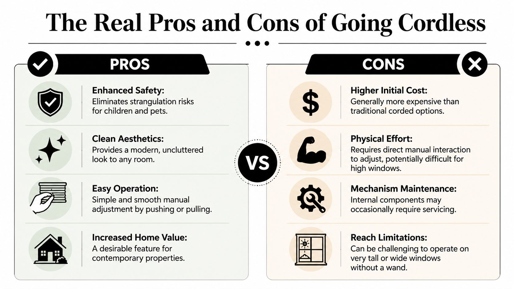 A comparison chart outlining the pros and cons of installing cordless blinds in a residential home.