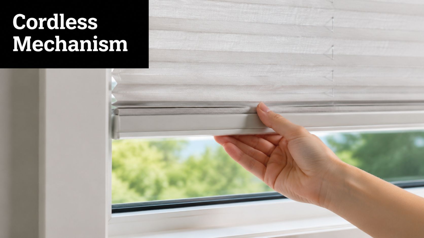 A hand operating a cordless pleated shade to adjust the level of sunlight entering a room window.
