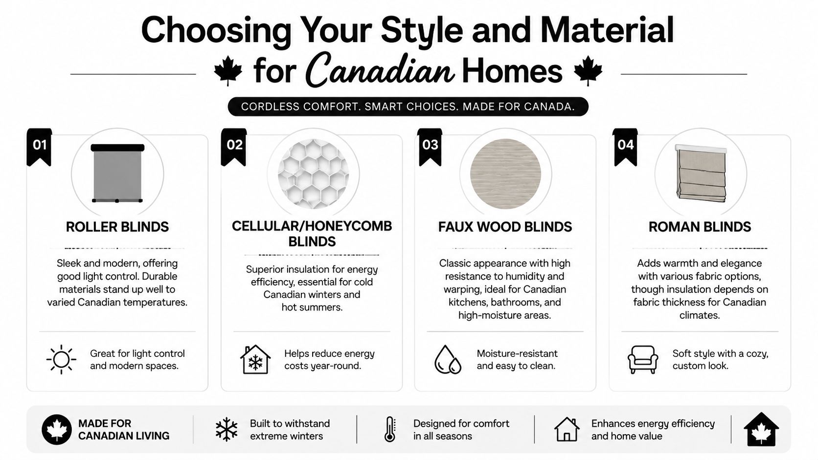 An infographic showing four types of cordless window blinds suitable for homes in the Canadian climate.