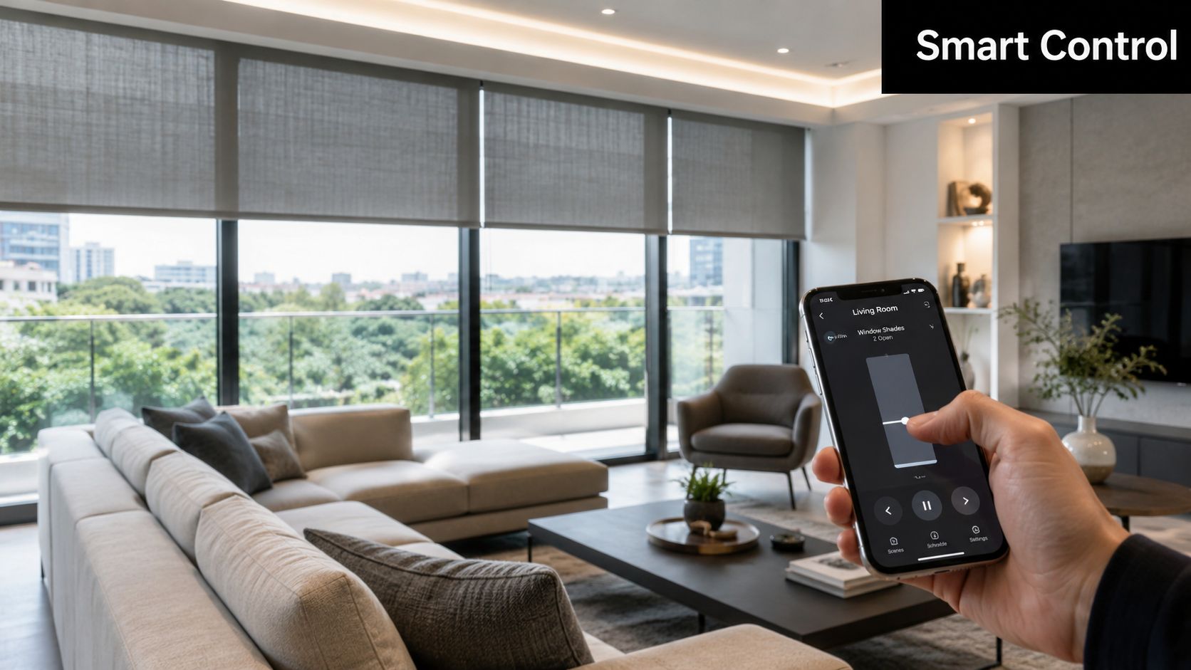 A person holding a smartphone controlling living room smart window treatments in a modern luxury apartment interior.