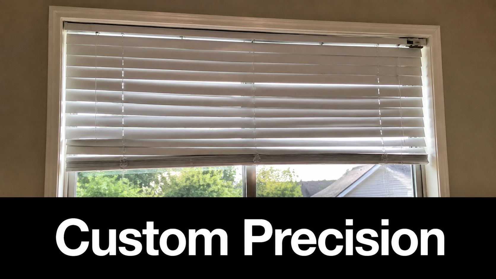 A close-up view of white horizontal blinds installed within a window frame, labeled with Custom Precision.