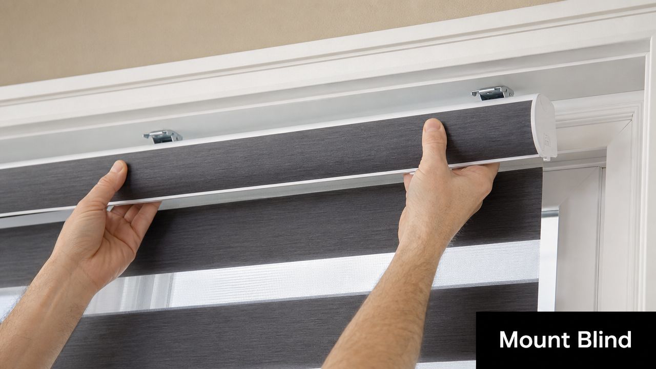 A person installing a dark grey zebra roller blind onto metal brackets inside a window frame.