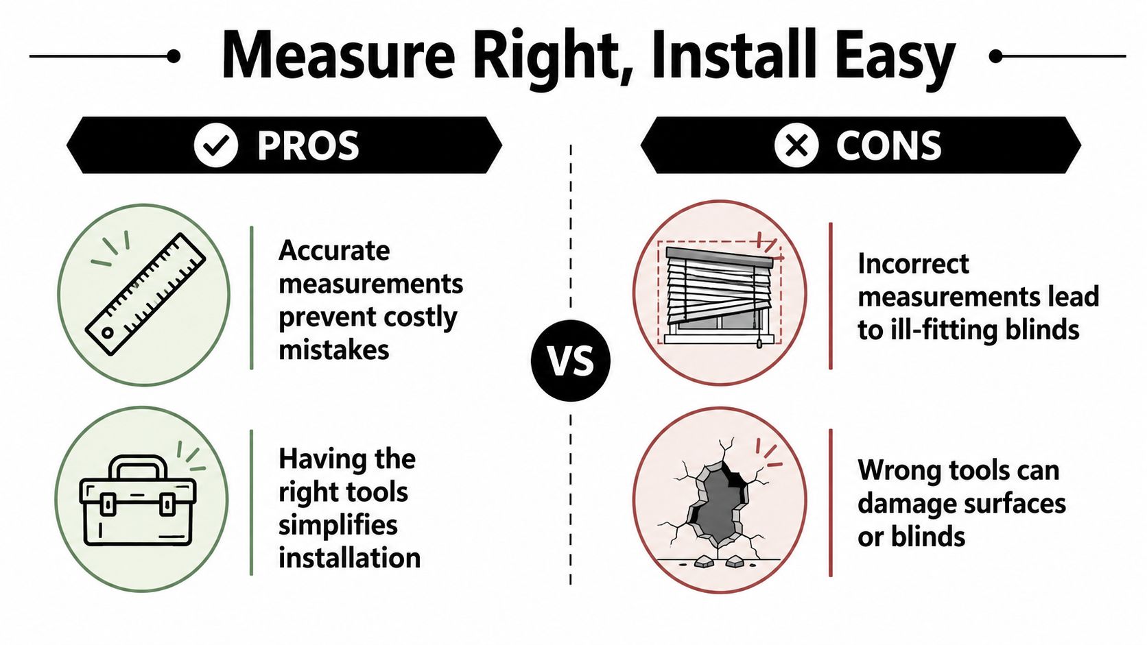 A comparison chart showing the pros and cons of measuring and installing window blinds correctly.