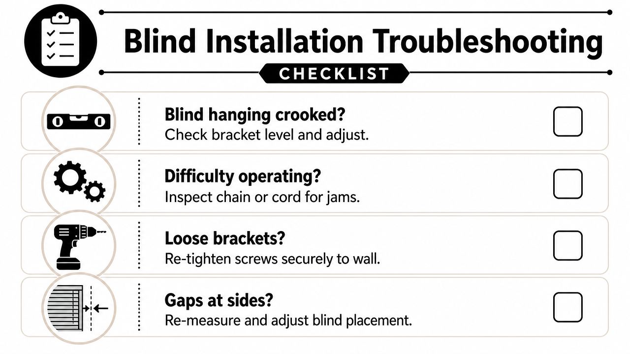A blind installation troubleshooting checklist infographic featuring common problems and solutions for window blinds.