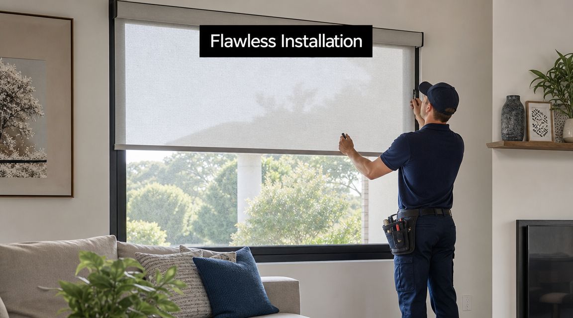 A professional technician carefully installs a modern solar shade on a large window in a living room.