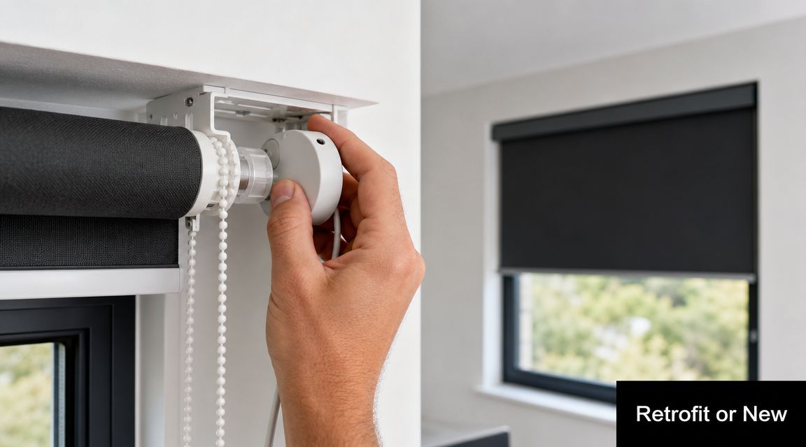 A person installing a smart motorization device onto an existing roller blind bracket near a window.