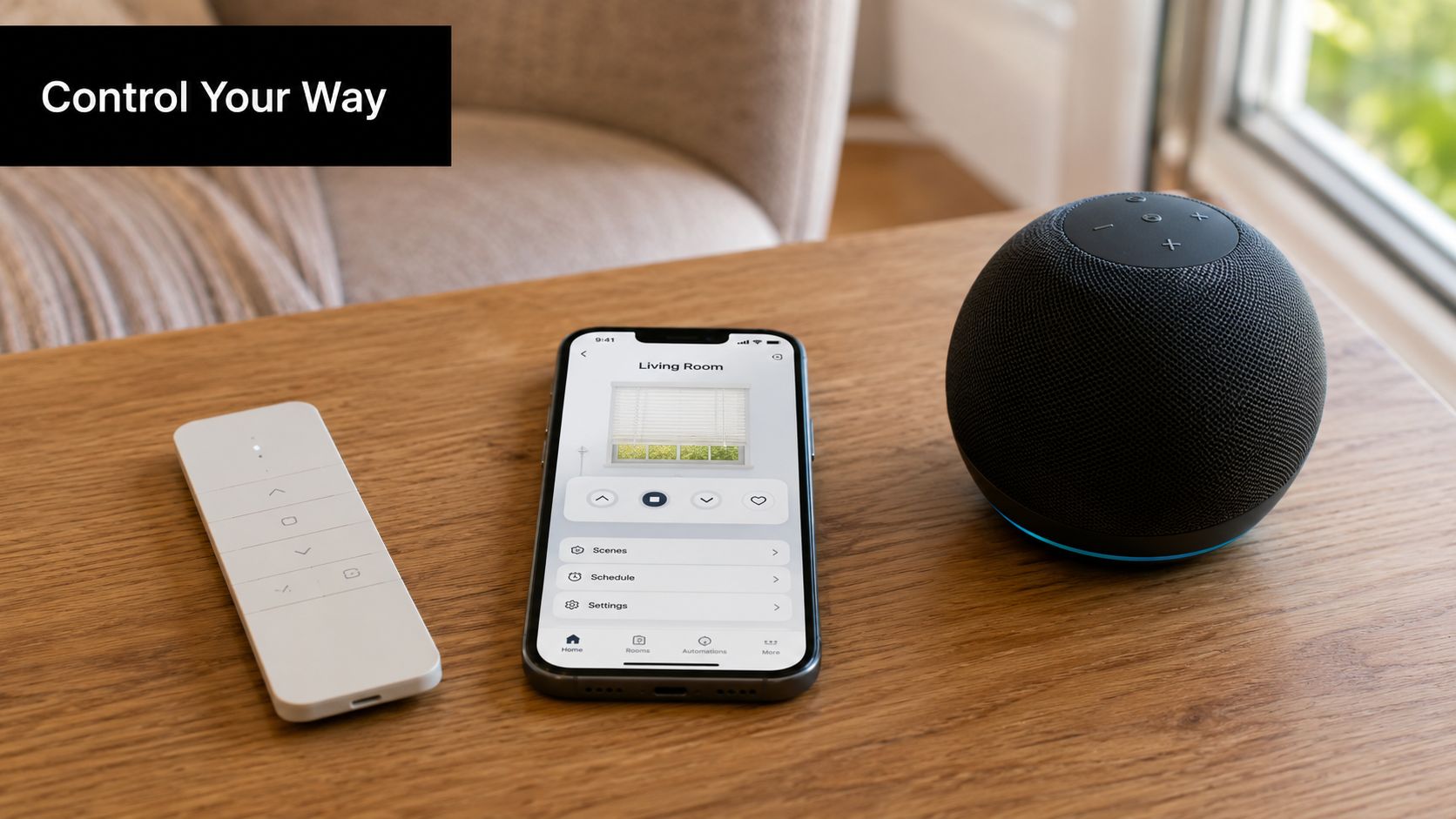 Smart home devices including a remote, a smartphone running an app, and a speaker on a wooden table.